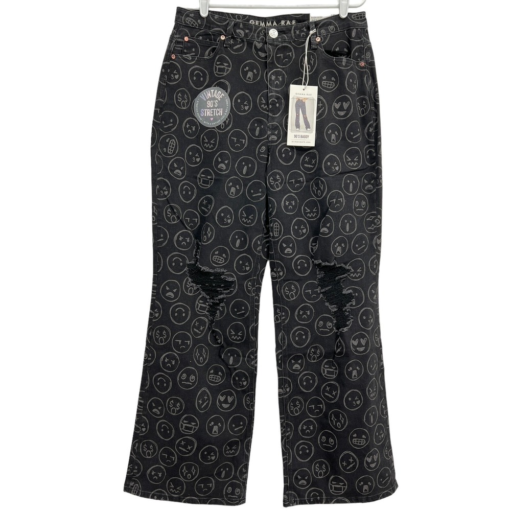 Gemma Rae Women's 90's Baggy Jeans Sz 15/32 Distressed Black Emoji Wide-Leg NWT